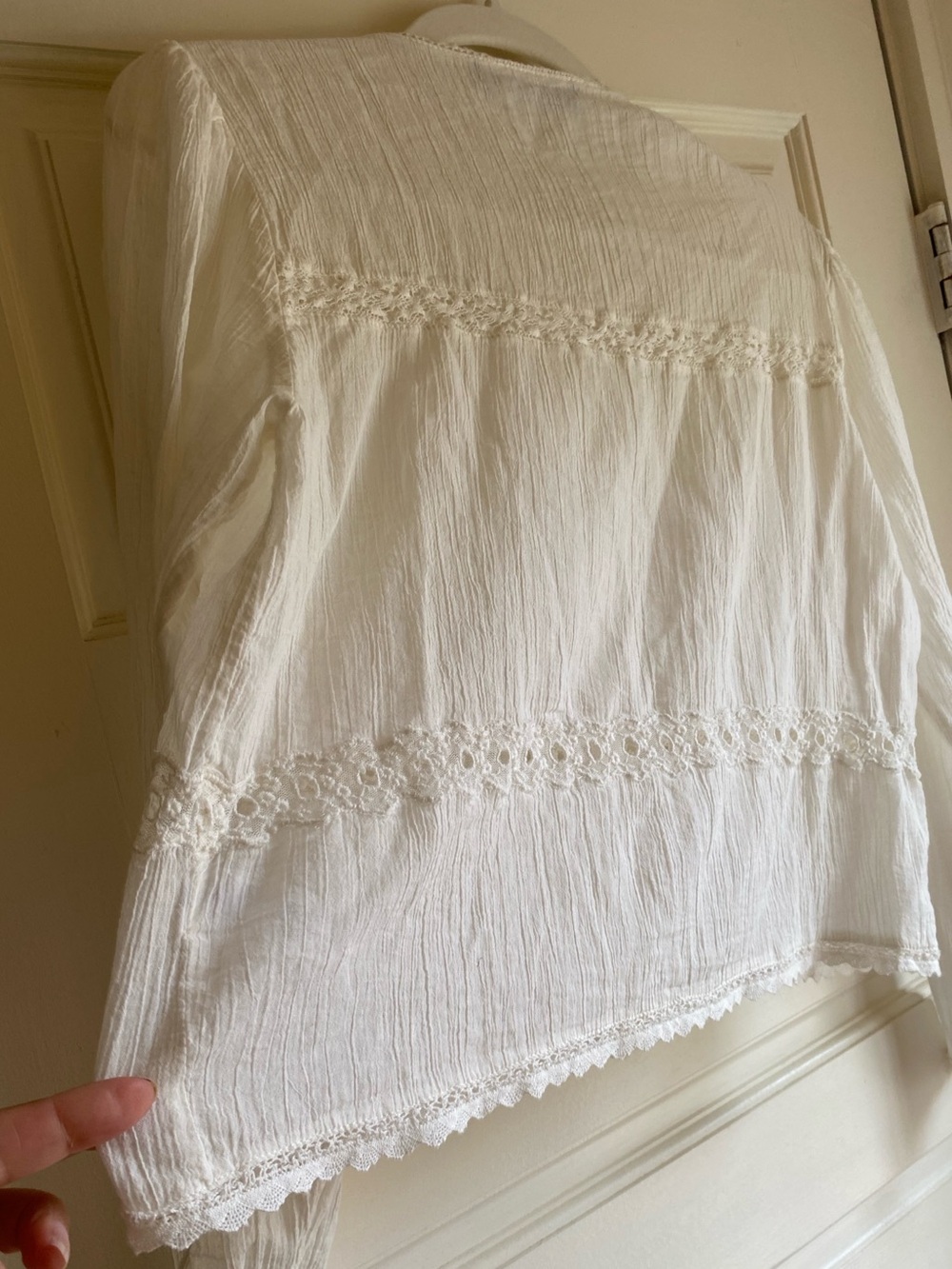 Zara Crochet Embroidered 100% Crinkle Cotton Boxy Button Up Blouse Cream Size L - Picture 6 of 15